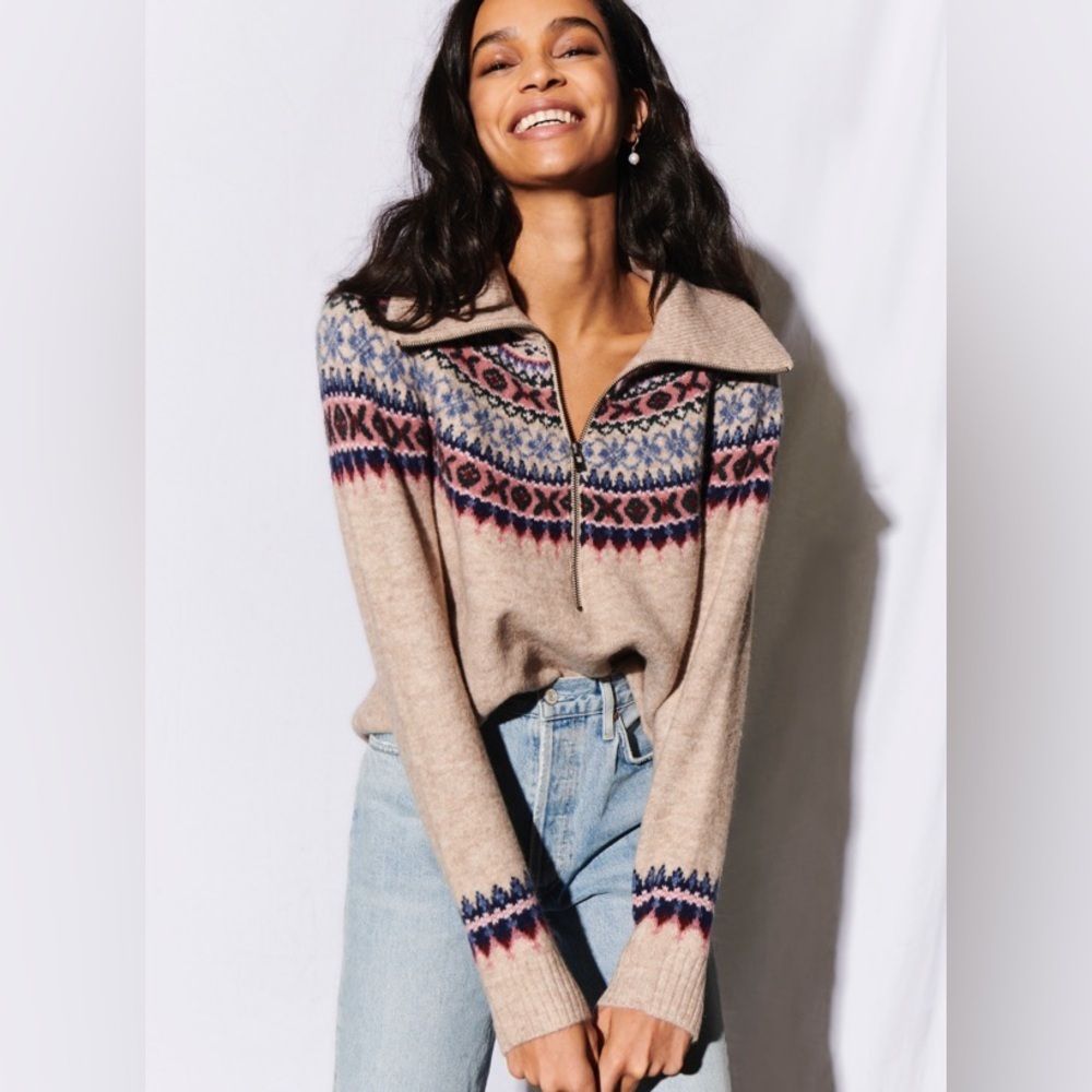 Saylor Casey Shetland Fair Isle Sweater Women’s L Brown Multi Nordic Knit Hygge